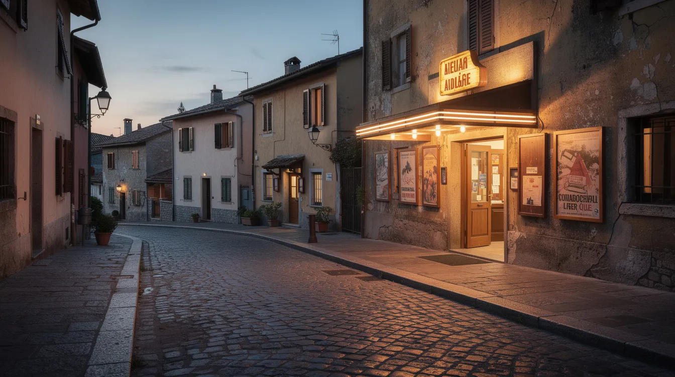 Das Bild zeigt ein altes italienisches Dorfkino, das von warmem Licht durchflutet wird, während das Licht sanft auf die gepflasterte Straße vor der Eingangstür fällt. Im Hintergrund sind typische südländische Häuser zu sehen, die in der Abenddämmerung eine nostalgische Atmosphäre erzeugen, die an "nuovo cinema paradiso" erinnert.