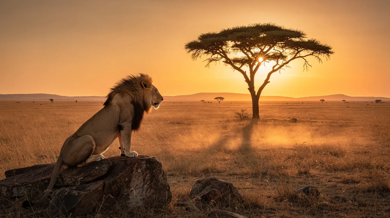 Die weite afrikanische Savannenlandschaft bei Sonnenuntergang zeigt einen majestätischen Akazienbaum und einen Löwen, der stolz auf einem Felsen thront. Diese Szene erinnert an Abenteuer und Geschichten aus Familienfilmen wie "Der König der Löwen", die Generationen von Zuschauern begeistern.