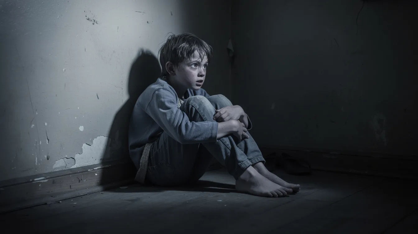 Ein einsamer Junge sitzt zusammengekauert in einer dunklen Ecke eines Zimmers und blickt verängstigt zur Seite, was an die düstere Atmosphäre des Films "The Sixth Sense" erinnert. Die Szene vermittelt ein Gefühl von Angst und Geheimnis, während der Junge in seiner Hilflosigkeit gefangen ist.