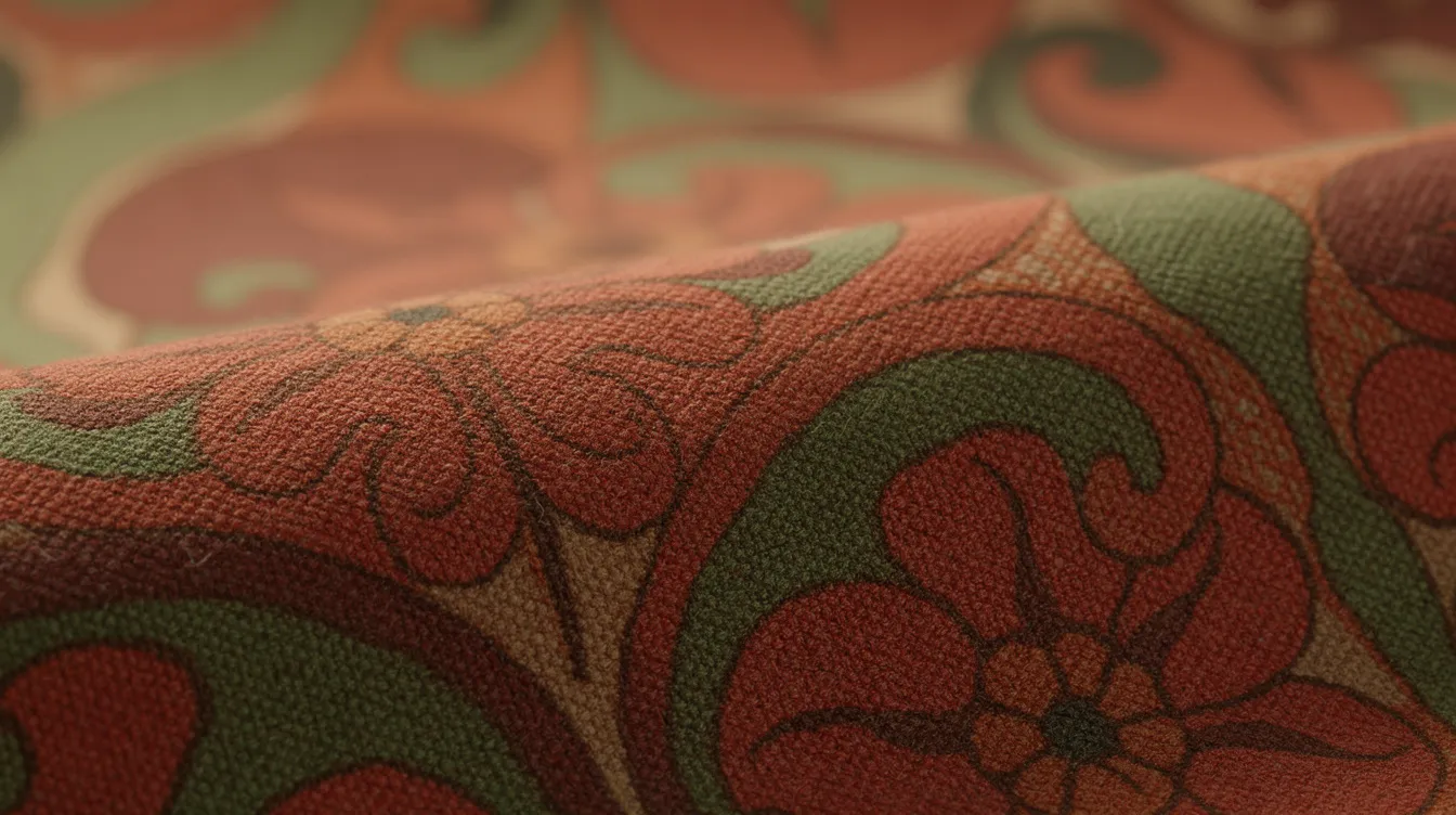 Eine Nahaufnahme eines bunten, kunstvoll gemusterten Stoffes in Rot- und Grüntönen, der ein typisches florales Muster der 1960er Jahre zeigt. Die weiche Beleuchtung erzeugt eine romantische Stimmung, die an die Ästhetik von Wong Kar Wais „In the Mood for Love“ erinnert.