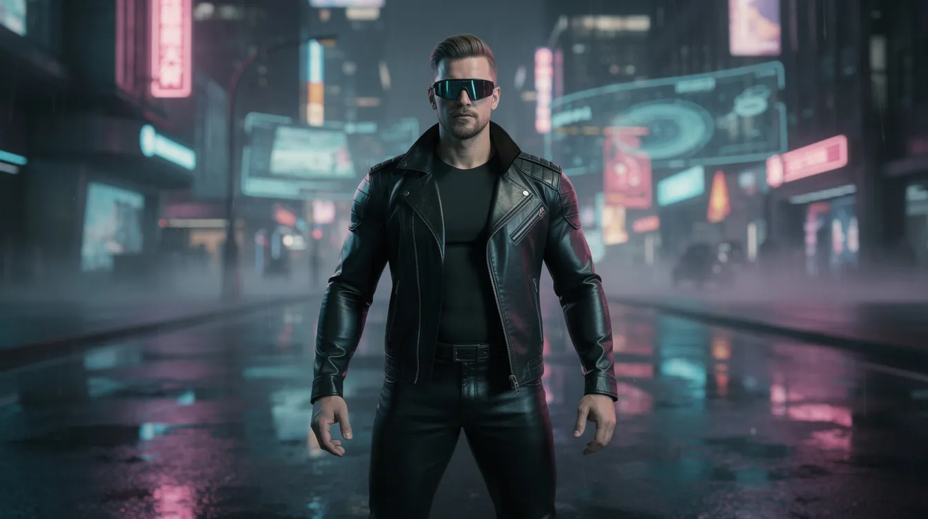 Ein muskulöser Mann in schwarzer Lederkleidung und Sonnenbrille steht vor einem düsteren urbanen Hintergrund, umgeben von Neonlichtern in einer nächtlichen Szene, die an die Atmosphäre von "Terminator 2: Tag der Abrechnung" erinnert. Die düstere Kulisse und die kraftvolle Pose des Mannes vermitteln ein Gefühl von Gefahr und Action, das typisch für Sci-Fi-Filme ist.