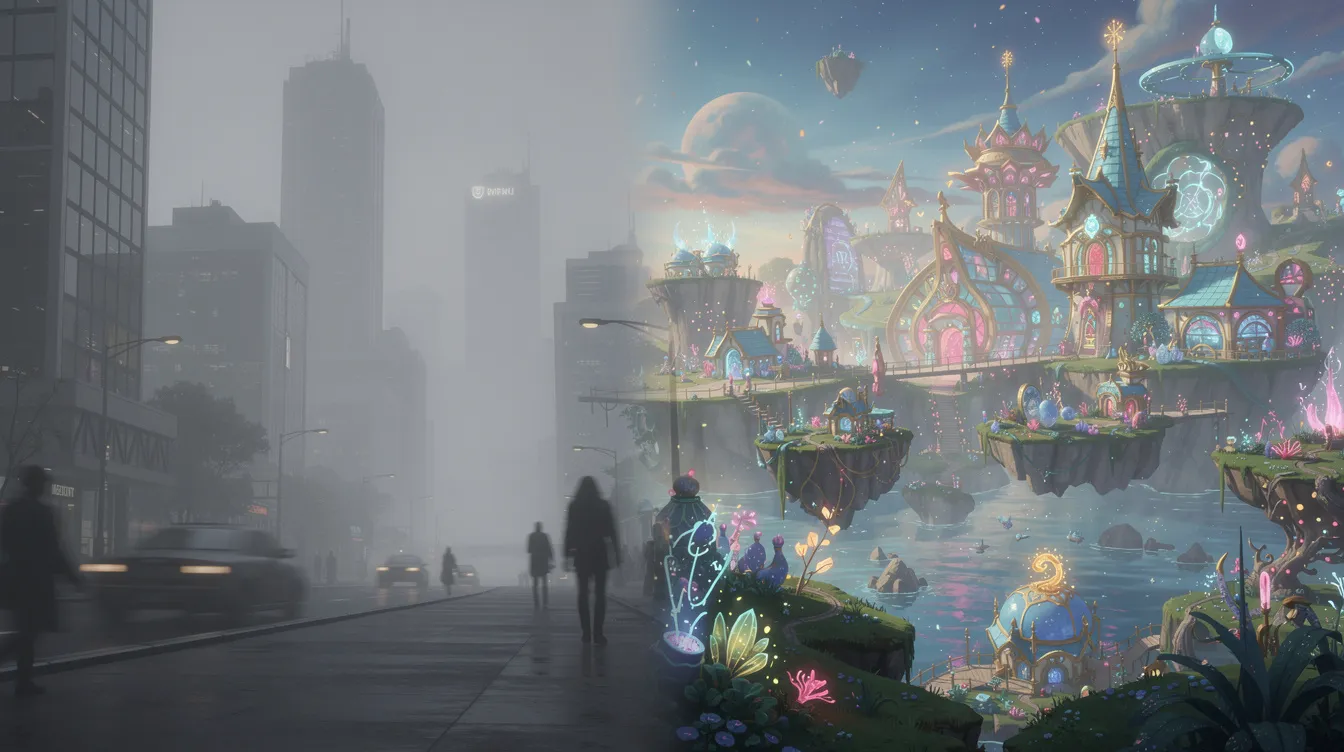 Das Bild zeigt links eine gedämpfte, graue Stadtlandschaft, die von Nebel umhüllt ist, während rechts eine leuchtend bunte Fantasiewelt im Animationsstil zu sehen ist, die strahlende Farben und fröhliche Elemente präsentiert. Diese kontrastierenden Szenen erinnern an die Themen aus dem Pixar-Film "Alles steht Kopf", in dem verschiedene Emotionen wie Freude und Angst dargestellt werden.
