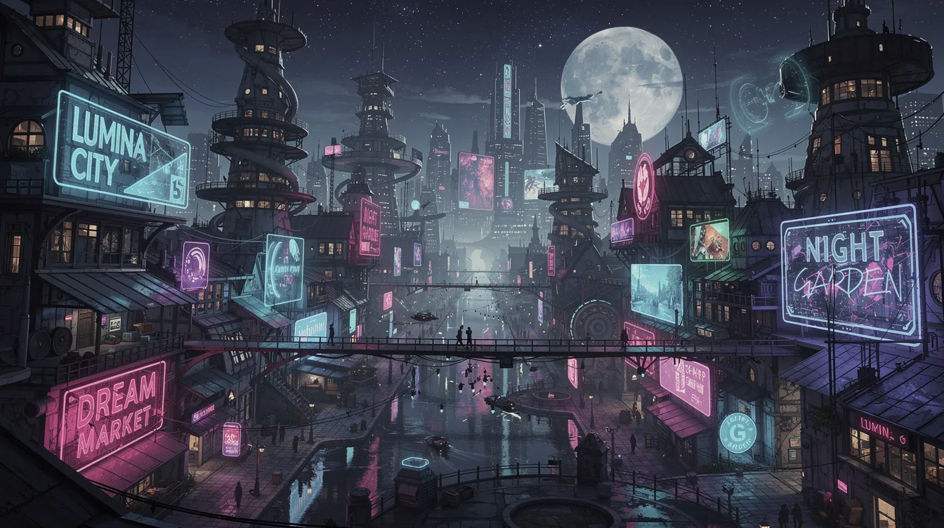 Die Illustration zeigt eine fantasievolle Stadtlandschaft bei Nacht, in der leuchtende Reklametafeln und außergewöhnliche Architektur zu sehen sind. Diese lebendige Szene erinnert an die Welt von Monsters Inc, mit einem Hauch von Magie und Abenteuer, die Kinder und Erwachsene gleichermaßen ansprechen.