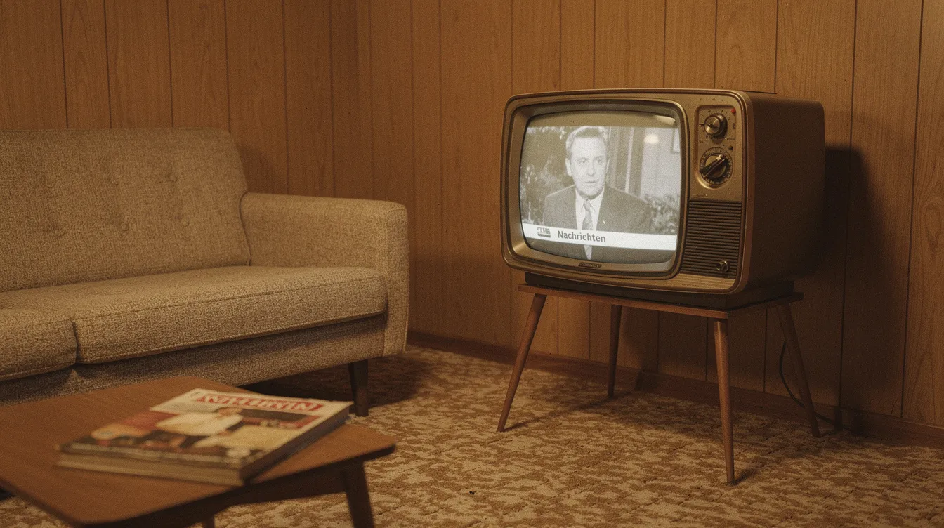 Das Bild zeigt ein Vintage-Fernsehgerät aus den 1960er Jahren, das in einem Retro-Wohnzimmer mit Holzvertäfelung und Teppichboden steht. Diese nostalgische Einrichtung erinnert an die Anfänge des Fernsehens und könnte Fans von Serien wie "The Walking Dead" ansprechen, die sich auf spannende Episoden und Cliffhanger freuen.