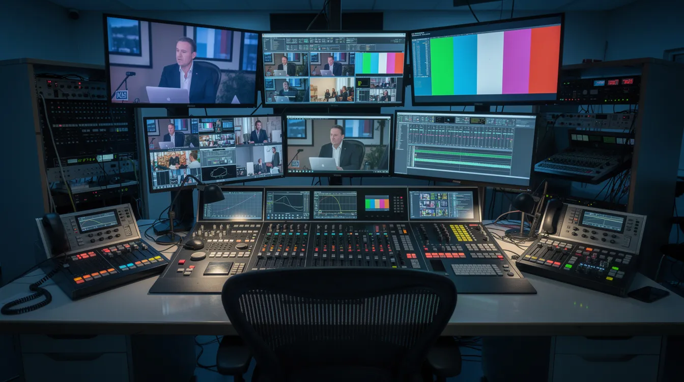 Der professionelle Fernsehregieraum ist mit mehreren Monitoren ausgestattet, die verschiedene Videos und Übertragungen anzeigen, während ein Mischpult für die Audio- und Videoqualität sorgt. Die abgedunkelte Beleuchtung schafft eine konzentrierte Atmosphäre, die für die Medienproduktion und das Streaming von Events ideal ist.