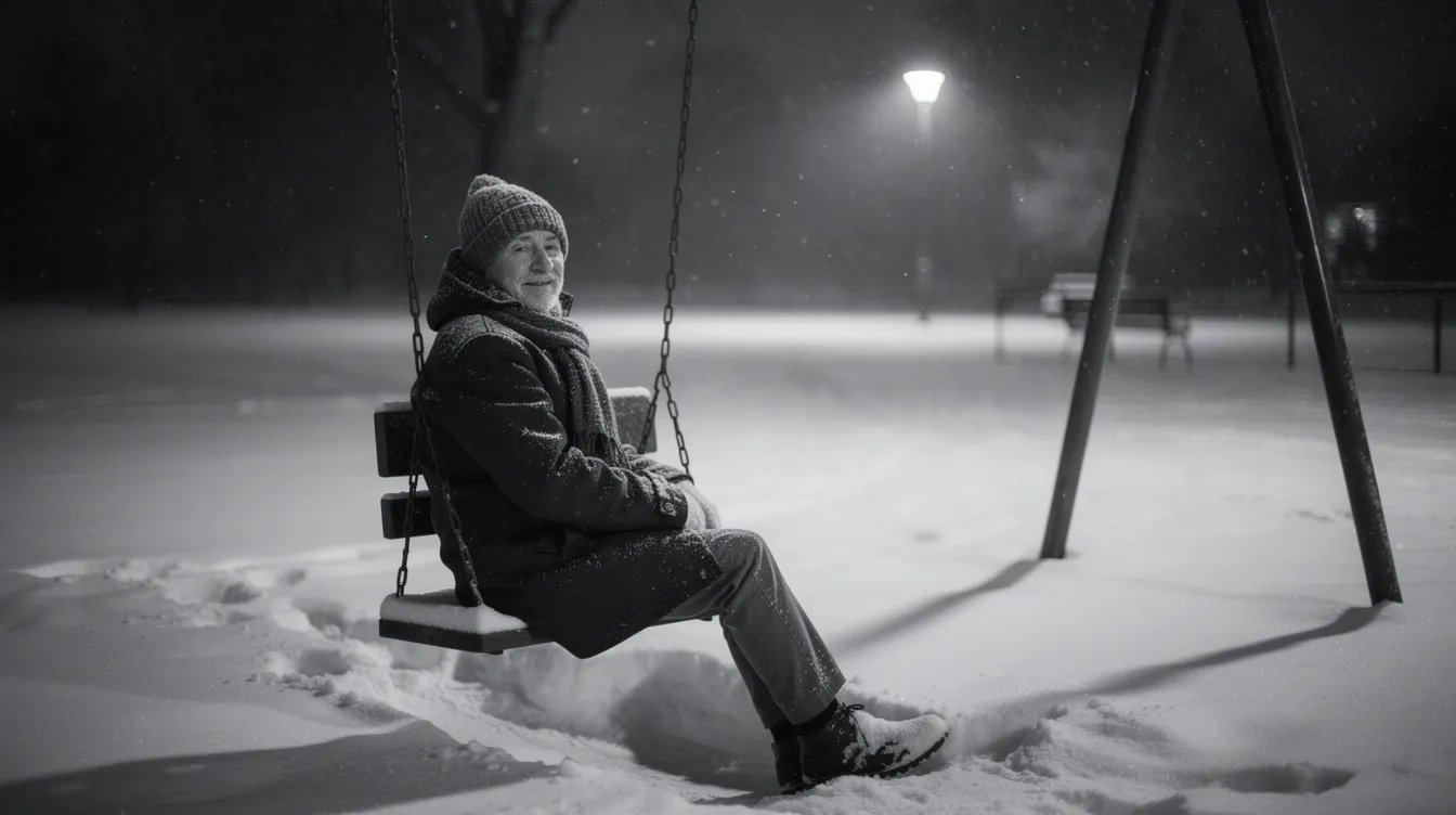 Ein alter Mann sitzt friedlich auf einer Kinderschaukel in einem verschneiten Park bei Nacht, umgeben von sanft fallendem Schnee und dem Licht einer entfernten Straßenlaterne. Diese Schwarzweißfotografie vermittelt eine ruhige Atmosphäre und erinnert an die Themen von "Ikiru", wo das Streben nach Sinn im Leben im Vordergrund steht.