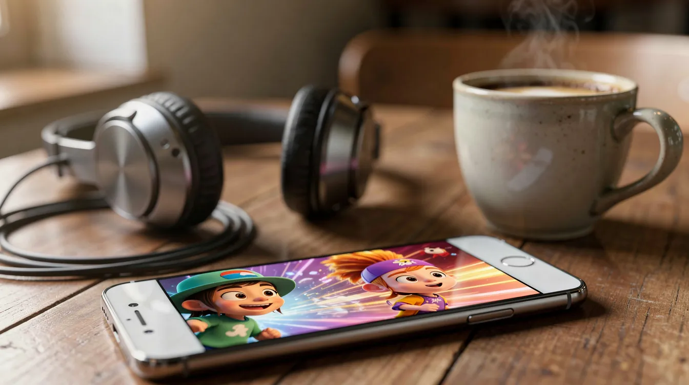 Ein Smartphone liegt auf einem Tisch und zeigt einen bunten animierten Kurzfilm mit bewegten Charakteren und Grafiken. Neben dem Smartphone stehen eine Tasse Kaffee und Kopfhörer, die auf ein entspanntes Seherlebnis hinweisen.