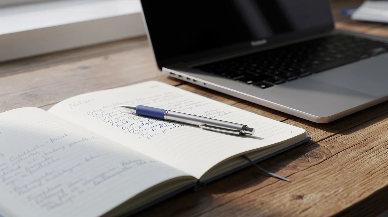 Auf einem Holzschreibtisch liegen ein Notizbuch mit handschriftlichen Notizen und ein Kugelschreiber neben einem aufgeklappten Laptop. Diese Szene vermittelt den Eindruck von kreativer Arbeit und Analyse, möglicherweise im Kontext von Filmanalyse oder Deutschunterricht.