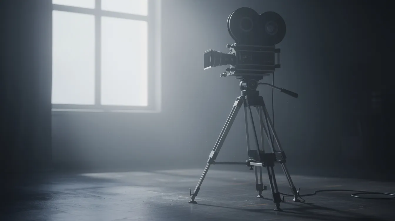 Eine Filmkamera steht auf einem Stativ in einem dunklen Studio, während weiches Gegenlicht durch ein großes Fenster strömt und die Szenerie sanft beleuchtet. Diese Atmosphäre könnte an die dramatischen Momente aus dem Film "Der Pianist" erinnern, der die Geschichte des polnischen Pianisten Władysław Szpilman während des Zweiten Weltkriegs erzählt.