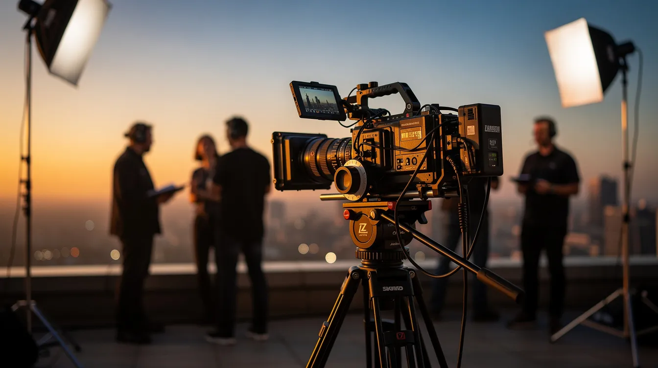 Ein Filmset in der Abenddämmerung, beleuchtet von warmem goldenem Licht, zeigt im Vordergrund eine Kamera auf einem Stativ, während im Hintergrund Silhouetten von Teammitgliedern zu sehen sind, die an der Filmproduktion arbeiten. Die Szene vermittelt eine kreative Atmosphäre und die Vorfreude auf die bevorstehenden Dreharbeiten.