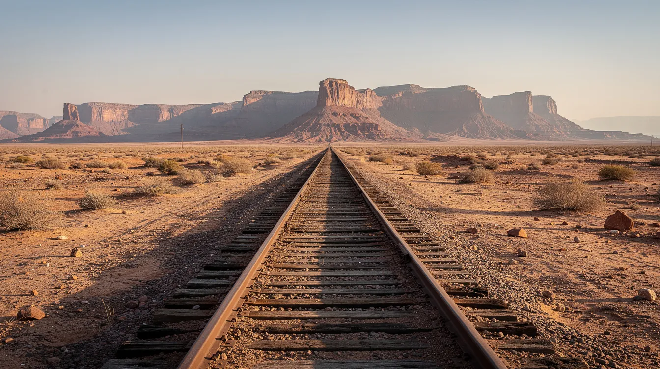 Die einsamen Eisenbahnschienen ziehen sich durch eine weite, staubige Wüstenlandschaft, umgeben von beeindruckenden Felsformationen am Horizont. Diese Szenerie erinnert an die Atmosphäre in Sergio Leones Filmen, wie "Once Upon a Time in the West", und vermittelt ein Gefühl von Einsamkeit und der Weite der Natur.