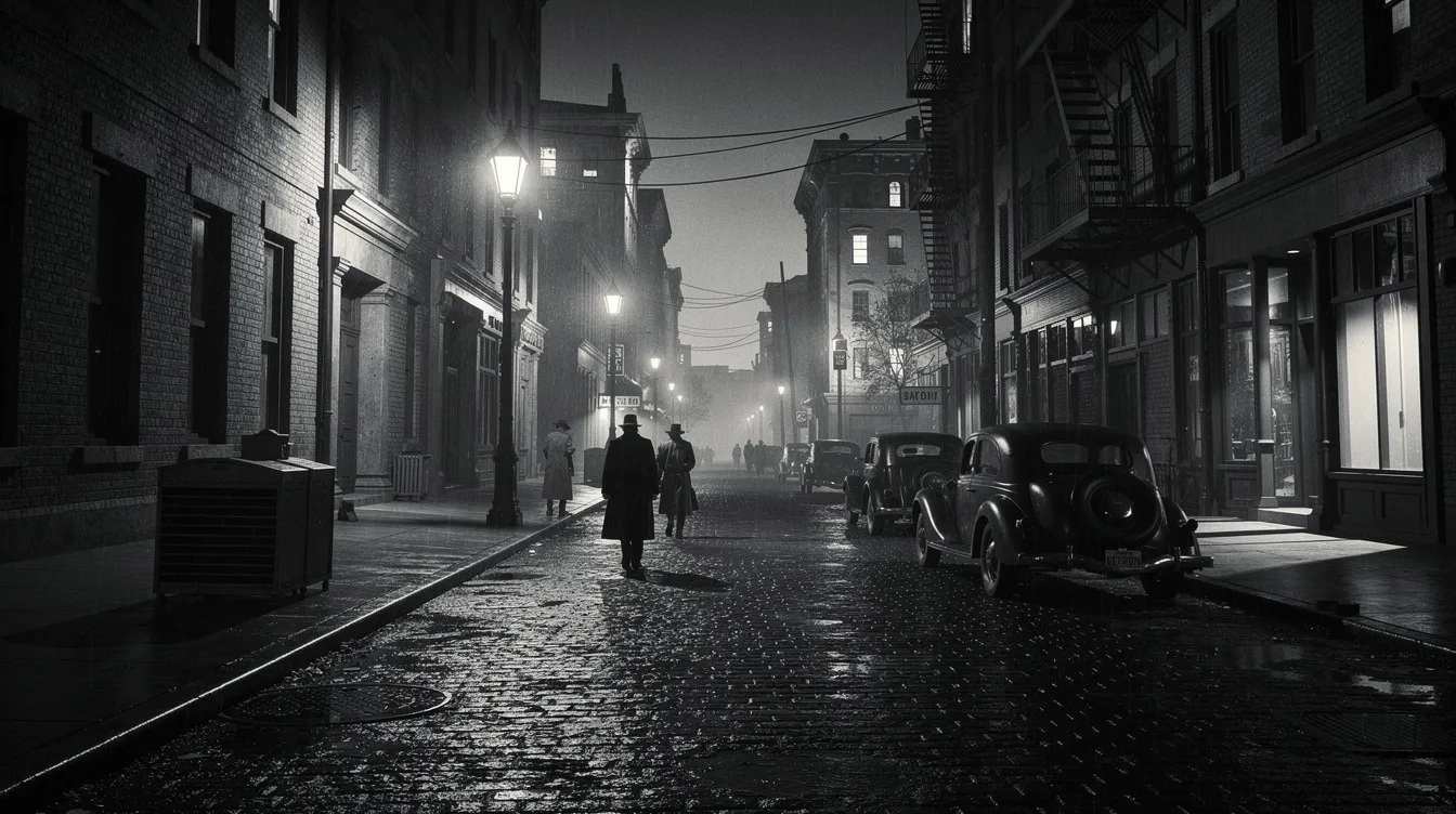 Die Schwarzweiß-Stadtlandschaft bei Nacht zeigt eine melancholische Szenerie im Stil der 1940er-Jahre, mit schattigen Straßen und nostalgischen Straßenlaternen, die an klassische Gaunerkomödien erinnern. Die Atmosphäre wirkt mysteriös und erinnert an Filme mit schurkischen Charakteren und trickbetrügerischen Intrigen.