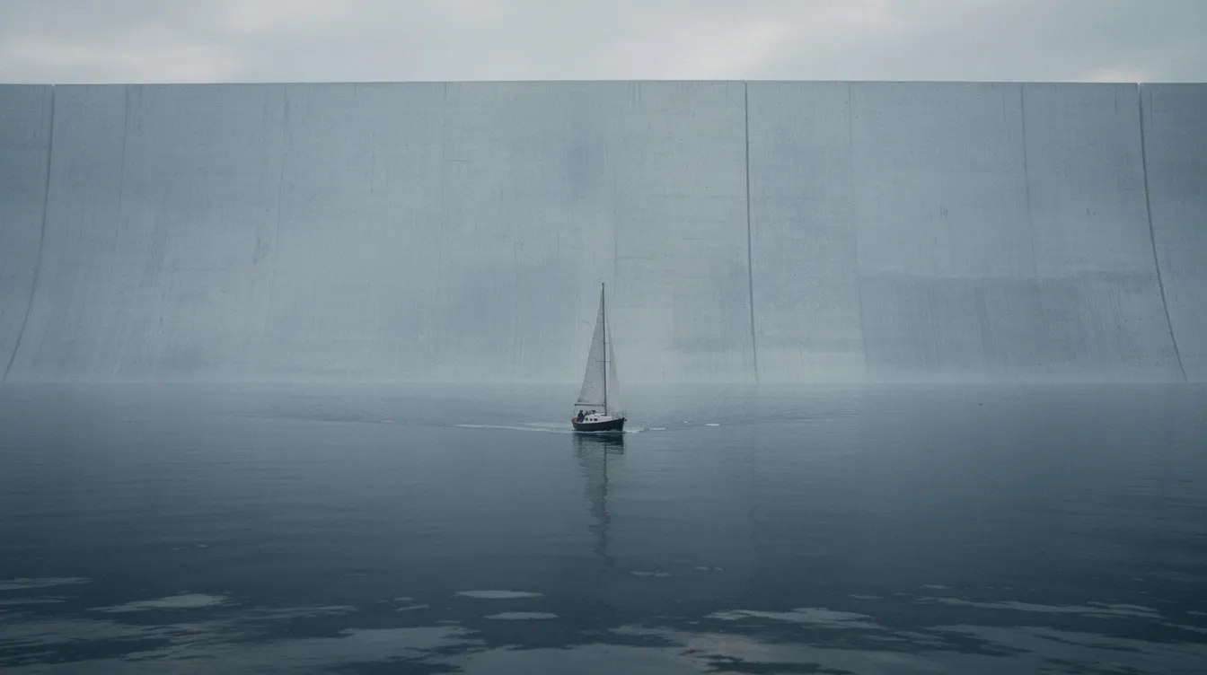 Ein einzelnes Segelboot gleitet über das ruhige Wasser und steuert auf eine beeindruckende, künstlich wirkende Wand am Horizont zu, die an die surrealen Elemente aus "The Truman Show" erinnert. Diese dramatische Szene vermittelt ein Gefühl von Freiheit und gleichzeitig von Bedrohung, während der Himmel in sanften Farben leuchtet.