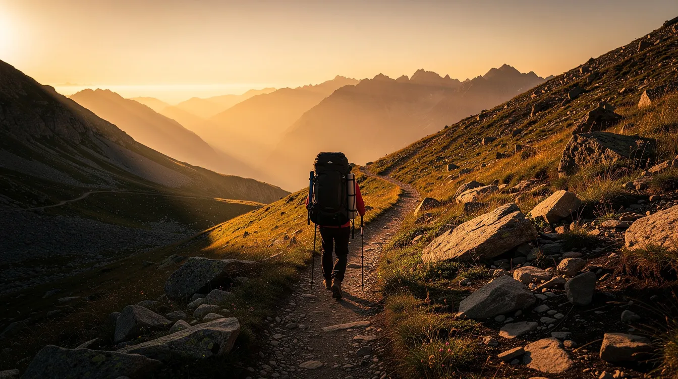 Ein einzelner Wanderer mit Rucksack schreitet auf einem schmalen Pfad durch eine weite, menschenleere Berglandschaft, während die Sonne am Horizont untergeht. Diese Szene erinnert an die Suche nach Freiheit und Abenteuer in der Wildnis, ähnlich den Erlebnissen von Christopher McCandless in "Into the Wild".