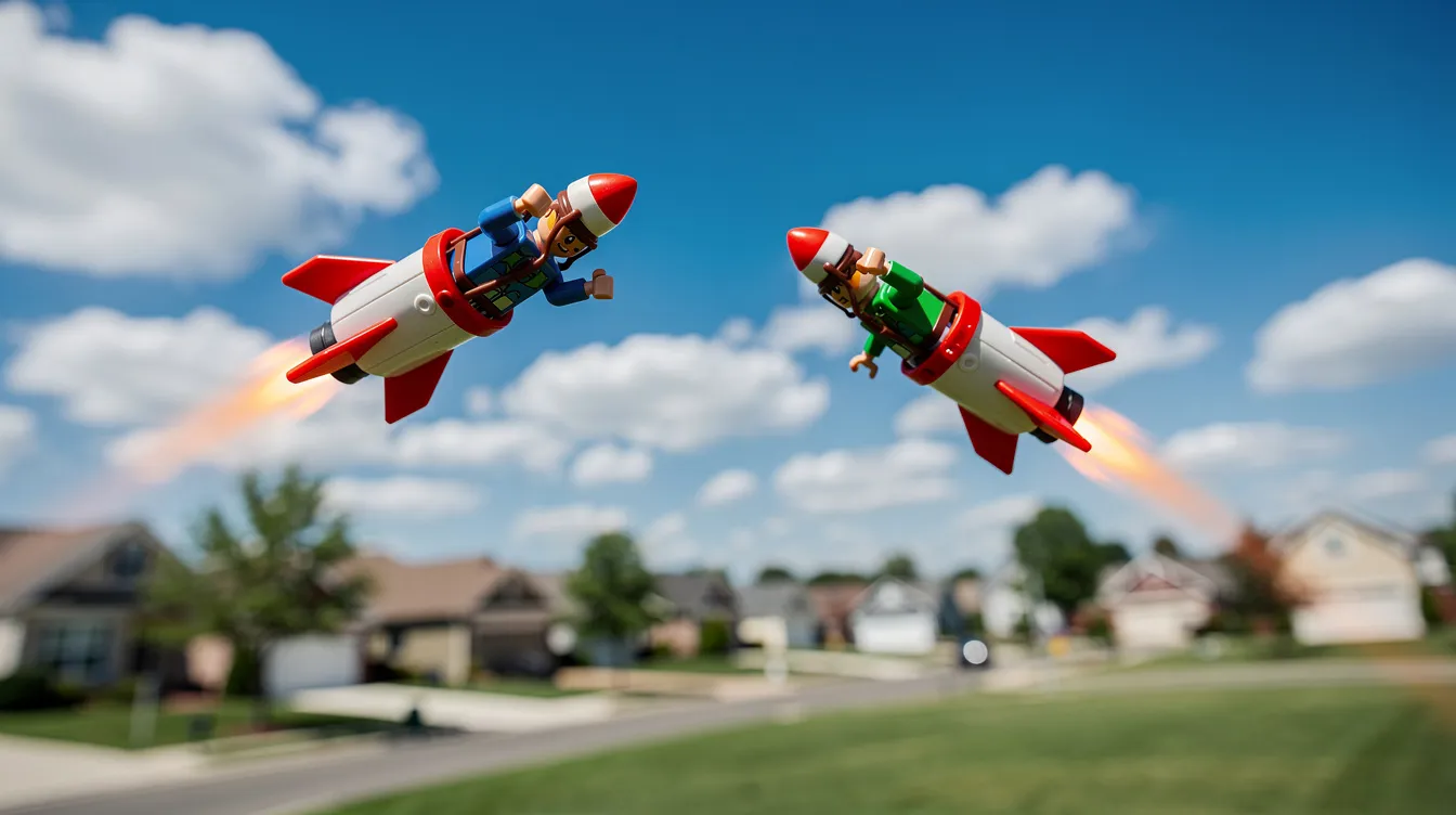 Zwei Spielzeugfiguren, Woody und Buzz, fliegen durch die Luft, angetrieben von einer Rakete, während sie über ein Vorortgebiet mit blauem Himmel und Häusern darunter schweben. Die dynamische Bewegung vermittelt ein Gefühl von Abenteuer und Freundschaft, typisch für die Geschichten aus dem Toy Story Universum.