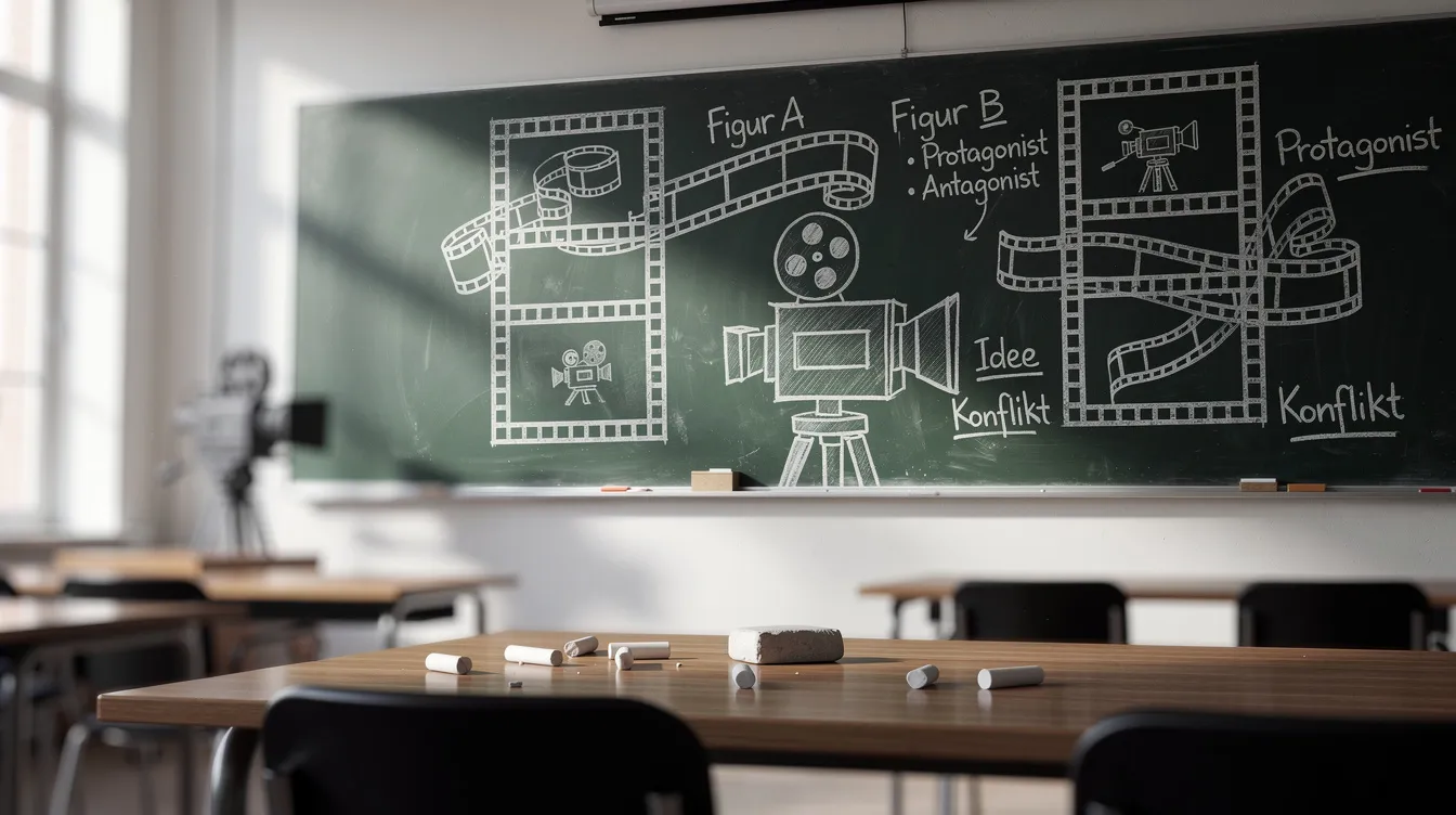 Die Tafel zeigt kreative Kreidezeichnungen von Filmstreifen und Silhouetten von Kameras, ergänzt durch handgeschriebene Notizen zu Figuren wie Detective Mills und John Doe. Diese Unterrichtsumgebung vermittelt Informationen zur Filmanalyse, insbesondere zu Klassikern wie "Se7en" und deren Themen wie die sieben Todsünden.