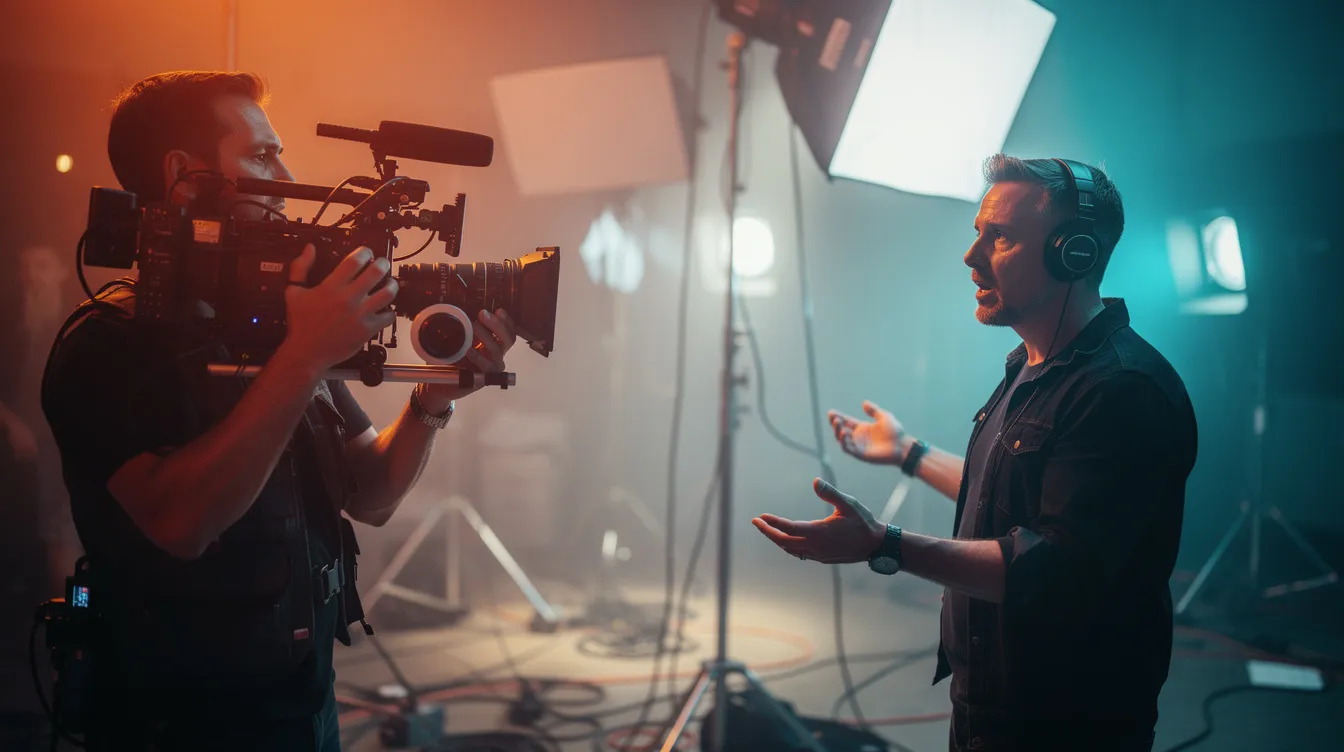 Ein Kameramann filmt eine dramatisch beleuchtete Szene mit warmen und kalten Farbtönen, während im Hintergrund ein Regisseur Anweisungen gibt. Die Atmosphäre ist geprägt von der kreativen Zusammenarbeit der Filmcrew, die an der Produktion einer neuen Serie arbeitet.