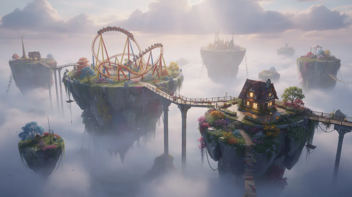 Die bunte, phantastische Inselwelt schwebt im Nebel, während schmale Brücken die verschiedenen Inseln verbinden. Auf einer Insel befindet sich eine aufregende Achterbahn und auf einer anderen ein kleines, gemütliches Haus, das an die Emotionen aus dem Disney-Pixar-Film "Alles steht Kopf" erinnert.
