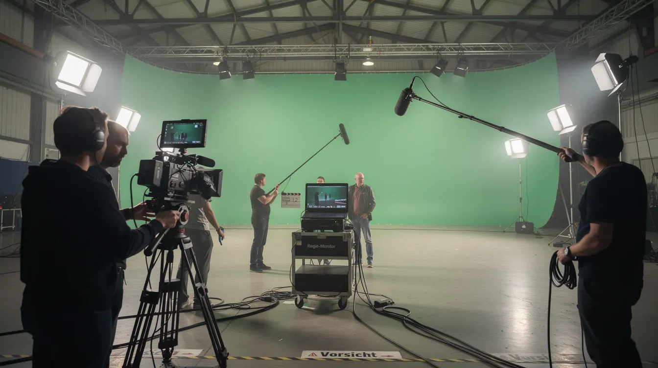 Das Bild zeigt ein Filmteam, das in einer großen Studiohalle mit grünem Hintergrund und Scheinwerfern dreht. Die Atmosphäre ist geschäftig, während die Crew an den Vorbereitungen für eine Szene aus einem Marvel-Film, möglicherweise im Zusammenhang mit "Avengers: Infinity War", arbeitet.