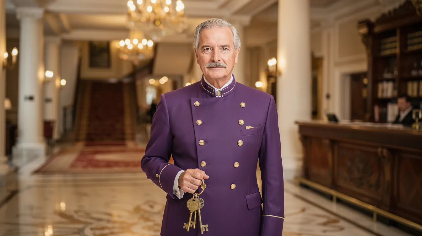 Ein eleganter älterer Herr in einer lila Concierge-Uniform mit goldenen Knöpfen steht in einem klassischen Hotelfoyer, das an das stilvolle Ambiente des „Grand Budapest Hotel“ erinnert. Sein Schlüsselbund hängt an der Seite, während er mit einem charmanten Lächeln die Gäste begrüßt.