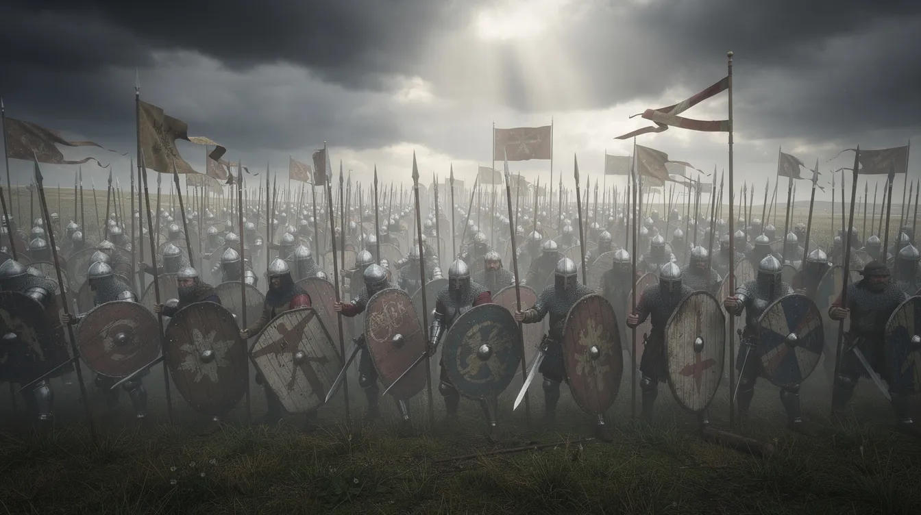 Auf einem weiten, offenen Feld stehen mittelalterliche Krieger in Schlachtformation, während ein dramatischer Himmel über ihnen aufzieht. Diese Szene erinnert an die epischen Schlachten aus dem Film "Braveheart", in dem Robert the Bruce und William Wallace für Freiheit kämpfen.