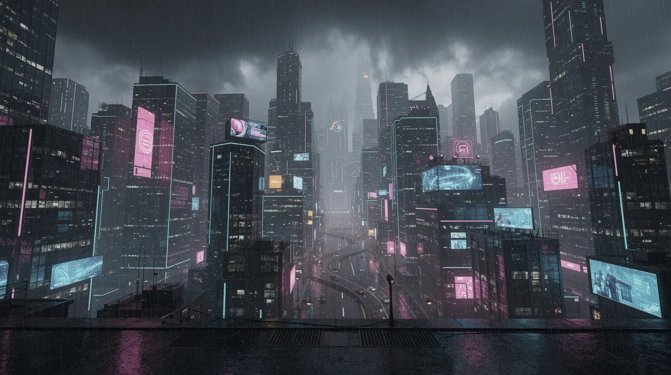 Die futuristische Stadtsilhouette bei Nacht zeigt beeindruckende, dicht gedrängte Wolkenkratzer, die von bunten Neonlichtern erleuchtet werden. Regen prasselt auf die Straßen und verstärkt die düstere Atmosphäre, die an dystopische Filme wie "Blade Runner" oder "Children of Men" erinnert.