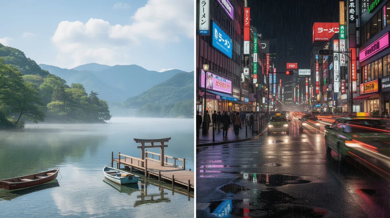 Die geteilte Ansicht zeigt auf der linken Seite eine ruhige japanische Seenlandschaft bei Tag mit sanften Hügeln und klarem Wasser, während die rechte Seite eine belebte Großstadtszene bei Nacht mit leuchtenden Neonlichtern und geschäftigen Straßen zeigt. Diese Kontraste symbolisieren die Themen von "your name" und die Begegnungen zwischen den Protagonisten in verschiedenen Lebenswelten.