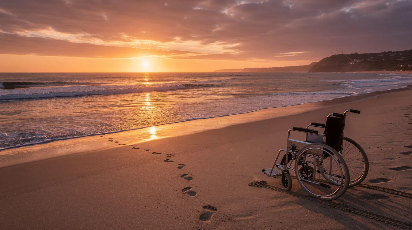 Die Bildbeschreibung zeigt eine weitläufige Küstenlandschaft bei Sonnenuntergang, in der ein leerer Rollstuhl am Strand steht, umgeben von Fußspuren im Sand. Diese Szene könnte die Themen Freundschaft und das Leben der Hauptfiguren Philippe und Driss aus dem Film "Ziemlich beste Freunde" widerspiegeln.