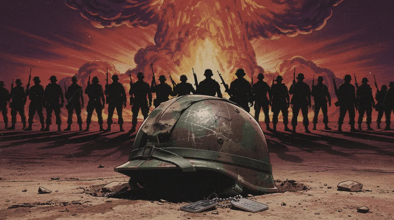 Das Bild zeigt ein Filmplakat im Stil der 1980er Jahre, auf dem ein Militärhelm auf dem Boden liegt. Im Hintergrund sind dunkle Silhouetten von Soldaten vor einem feurigen Himmel zu sehen, was an die dramatische Atmosphäre von Stanley Kubricks "Full Metal Jacket" erinnert.