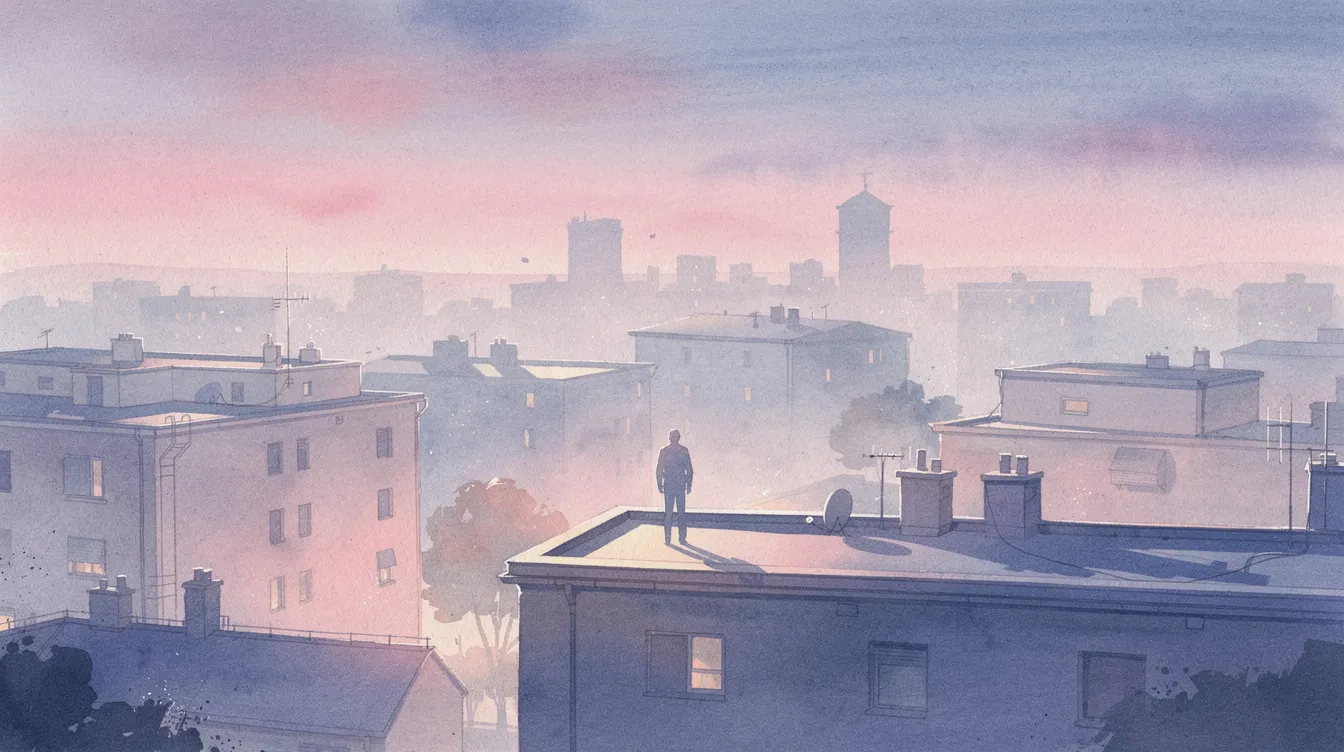 Eine pastellfarbene Stadtlandschaft im Aquarellstil zeigt sanfte Übergänge zwischen Rosa, Blau und Violett, während eine Silhouette auf einem Dach im Abendlicht steht. Diese Szene könnte an die Atmosphäre des Films "Spider-Man: Across the Spider-Verse" erinnern, in dem verschiedene Spider-People und deren Universen dargestellt werden.
