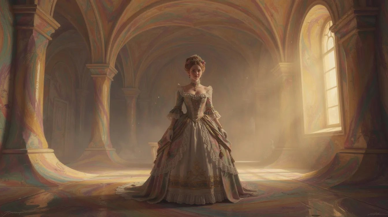 Eine junge Frau in einem aufwendigen viktorianischen Kleid steht in einem surrealen Raum mit überzeichneter Architektur, während warmes Licht durch ein großes Fenster strömt. Die Mischung aus pastelligen und kräftigen Farbtönen schafft eine traumhafte Atmosphäre, die an die Werke von Regisseuren wie Yorgos Lanthimos erinnert.