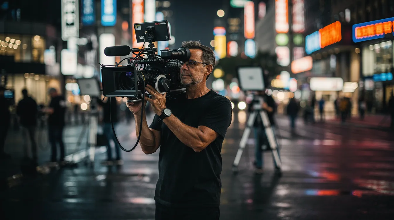 Ein Filmregisseur steht auf einem nächtlichen Set in einer Großstadt und hält eine große Kamera, während im Hintergrund die Lichter der Stadt funkeln. Diese Szene vermittelt das Gefühl eines actiongeladenen Thrillers, in dem die Atmosphäre von Spannung und Kreativität geprägt ist.
