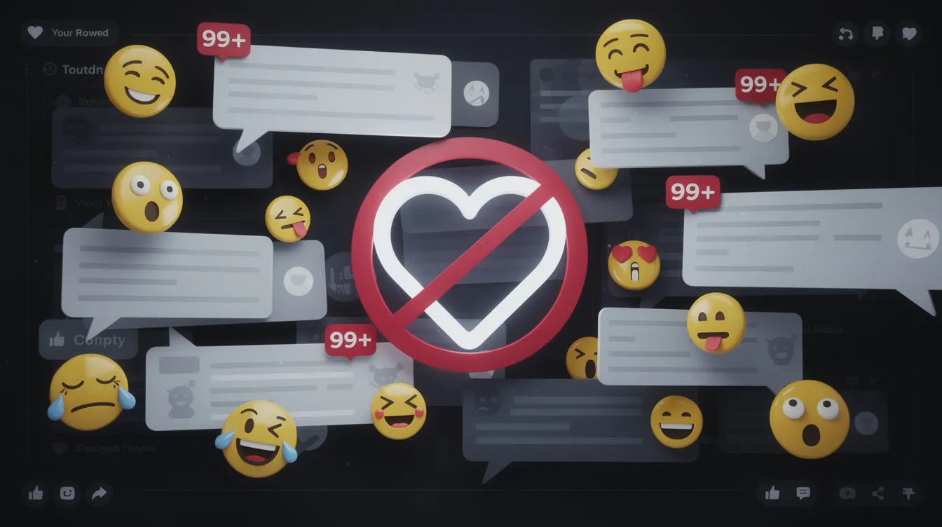 Die Collage zeigt eine Mischung aus sozialen Medien-Elementen wie Kommentarblasen, einem durchgestrichenen Herz-Symbol und verschiedenen Emoji-Gesichtern auf einem dunklen Hintergrund, die das Phänomen des "Hate Watching" und die komplexen Emotionen von Fans und Hatern in der Welt der Reality-TV-Formate darstellen. Diese Darstellung reflektiert die Faszination und Abscheu, die Menschen gegenüber bestimmten Inhalten empfinden.