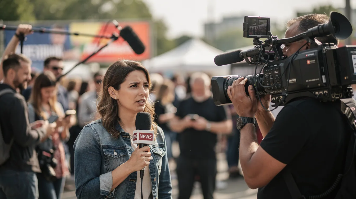 Ein Nachrichtenteam filmt mit einem Schulterkamera-Camcorder im Freien während eines öffentlichen Events, umgeben von Menschen und Mikrofonen im Hintergrund. Die Szene zeigt die dynamische Atmosphäre des Events sowie die professionelle Ausrüstung, die für hochwertige Aufnahmen sorgt.