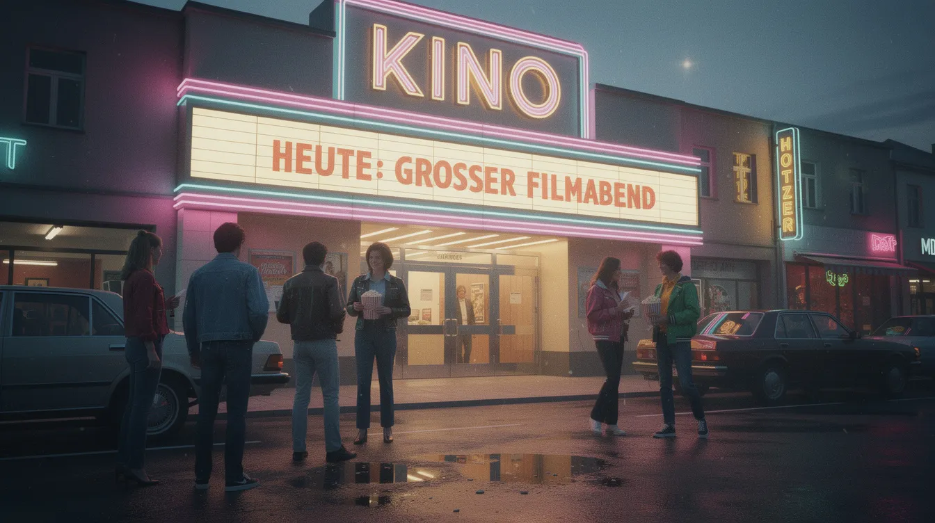 Das Bild zeigt ein nostalgisches Kino im Stil der 1980er Jahre, beleuchtet von bunten Neonlichtern, das sich an einer abendlichen Straße befindet. Vor dem Eingang stehen Kinogänger, die sich auf die besten Filme der 80er Jahre, wie "Star Wars" und "Zurück in die Zukunft", freuen.