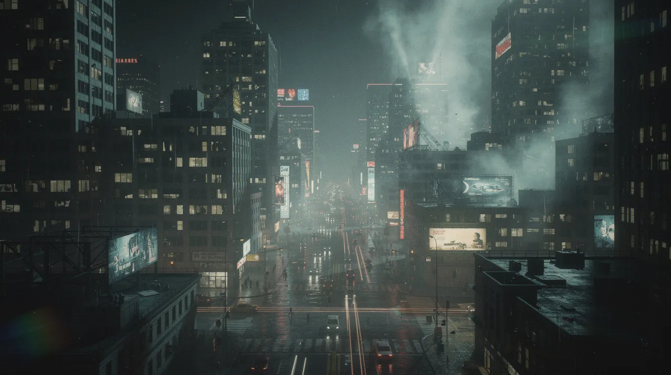 Die dramatische Filmszene zeigt ein dunkles Stadtpanorama bei Nacht, durchzogen von glühenden Lichtern und Rauch, was eine düstere Atmosphäre schafft, die an die besten Filme der 2000er erinnert. Diese Kulisse könnte direkt aus einem Thriller von Regisseuren wie David Lynch oder Quentin Tarantino stammen.