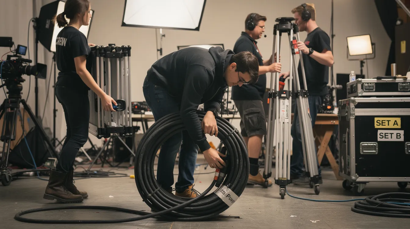 Auf dem Filmset sind junge Crew-Mitglieder damit beschäftigt, schwere Kabel aufzurollen und Lichtstative zu transportieren. Diese Aufgaben sind Teil der Verantwortung des Best Boy Electric, der für die Logistik und das Management der Beleuchtungsausrüstung zuständig ist.