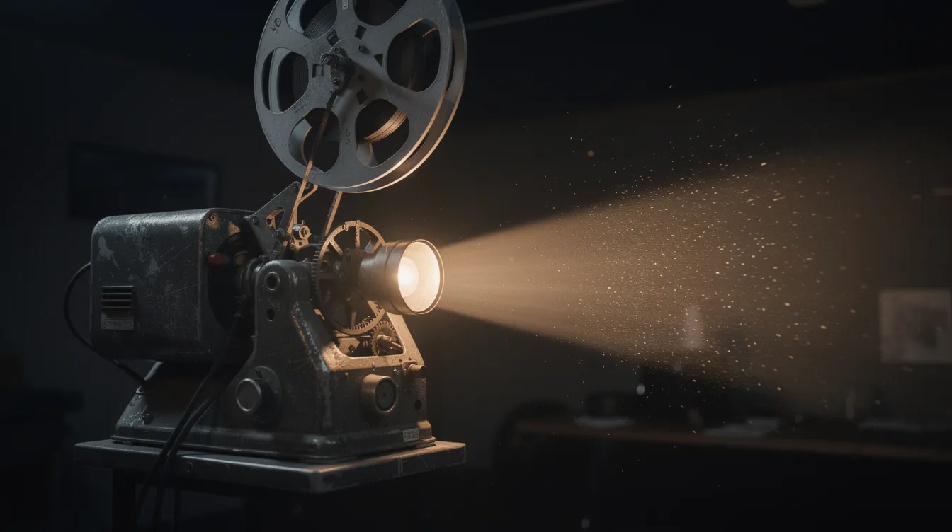 Ein alter 35mm-Filmprojektor steht in einer dunklen Vorführkabine und wirft einen hellen Lichtstrahl auf die Leinwand, während Staubpartikel im Licht tanzen. Diese Szenerie erinnert an nostalgische Momente im Kino und weckt Erinnerungen an Filme wie "Nuovo Cinema Paradiso".
