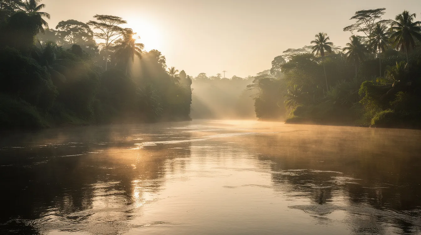 Ein Panoramablick zeigt einen breiten Fluss, umgeben von dichtem Regenwald, während der Morgennebel die tropische Landschaft umhüllt. Im dramatischen Gegenlicht wird die idyllische Szenerie, die an die berühmte "Brücke am Kwai" erinnert, besonders eindrucksvoll hervorgehoben.