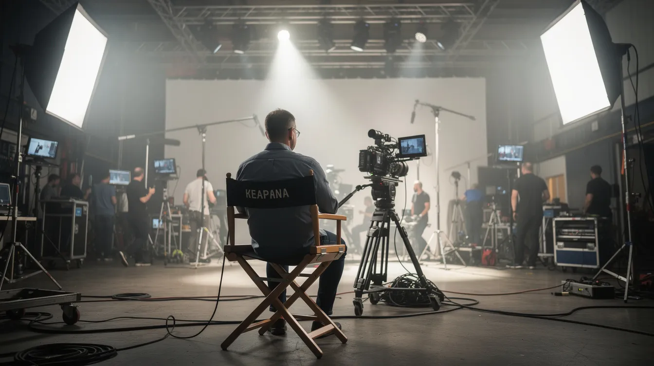 Ein Regisseur sitzt in einem Regiestuhl auf einem riesigen Filmstudio-Set, umgeben von großen, hellen Lichtern, Crewmitgliedern und technischer Ausrüstung im Hintergrund. Die Szene vermittelt das Gefühl eines aufregenden Science-Fiction-Films, ähnlich wie in "2001: Odyssee im Weltraum".
