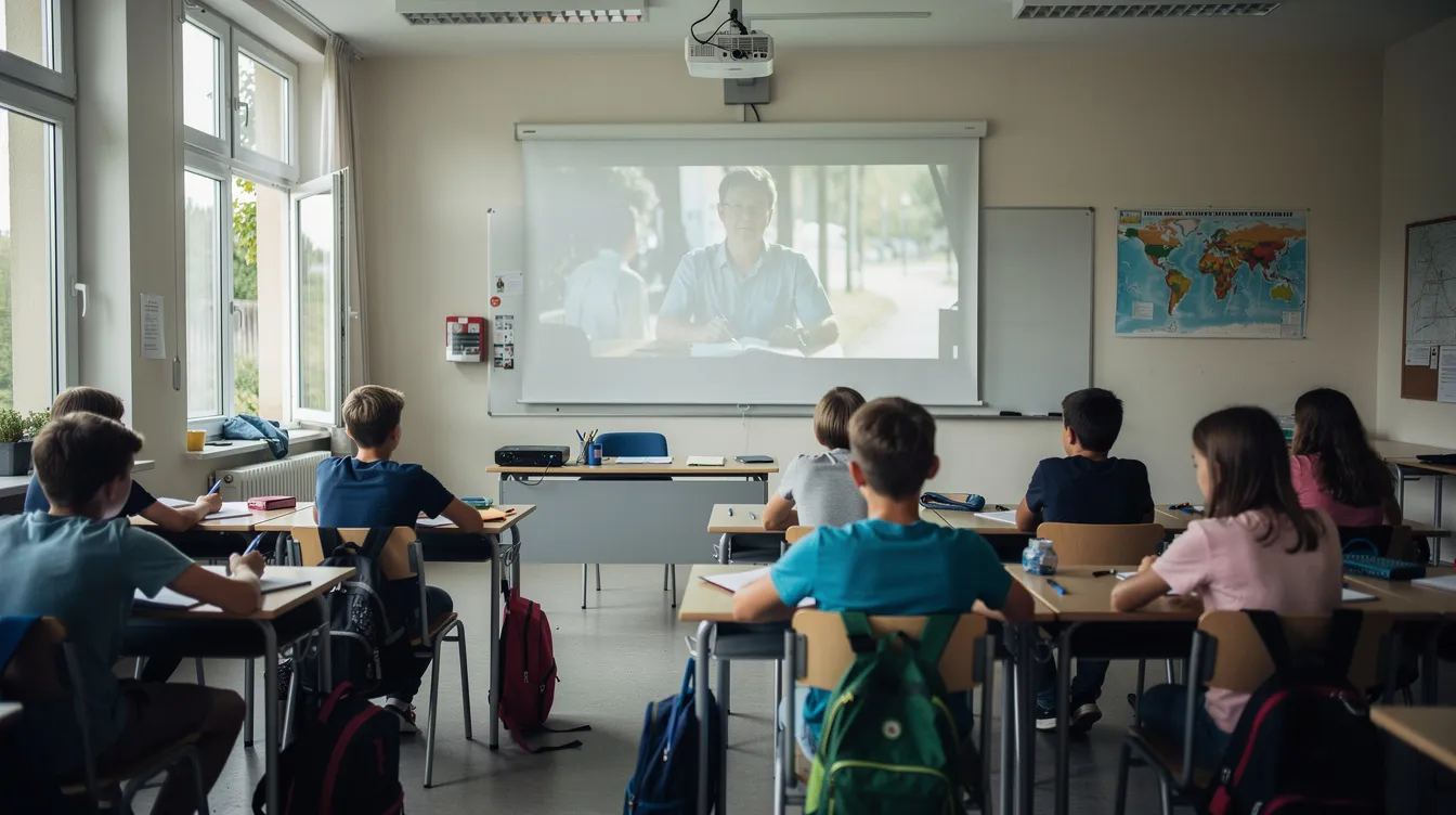 Ein Klassenzimmer mit einem Beamer, der einen Filmstill projiziert, während Schüler an ihren Tischen mit Notizheften sitzen. Die Szene zeigt eine typische Unterrichtssituation, in der die Auseinandersetzung mit Film und dessen Analyse im Deutschunterricht im Vordergrund steht.