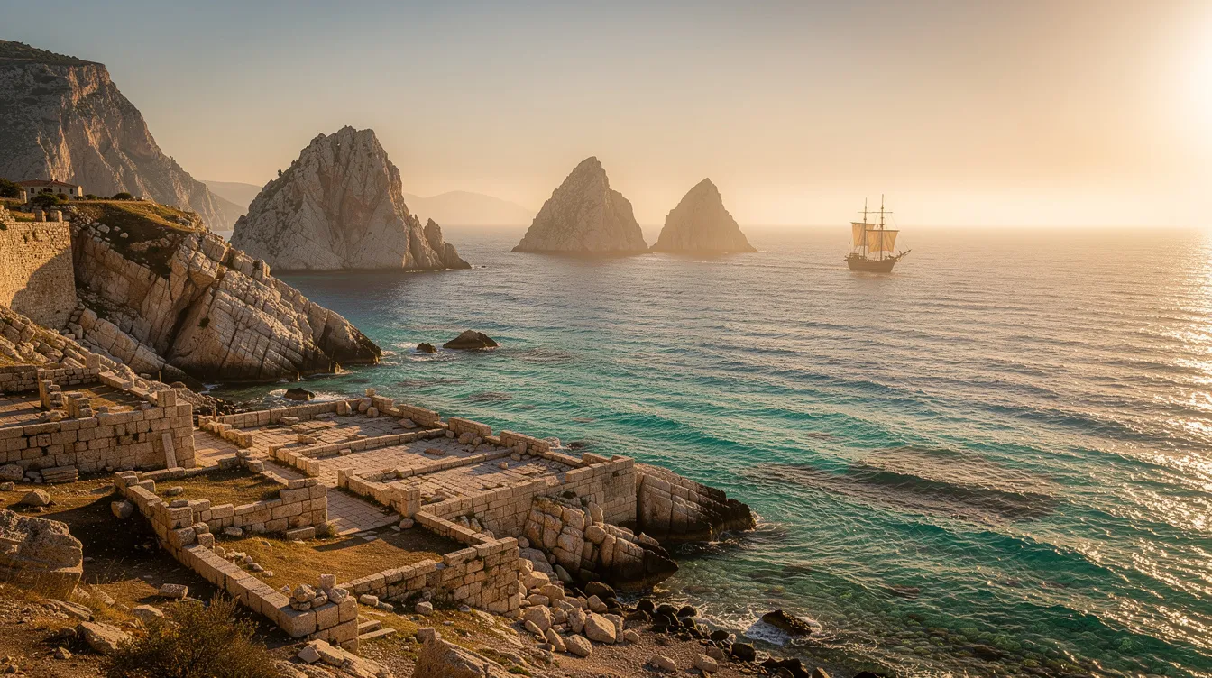Die antike Mittelmeerküste zeigt felsige Inseln und türkisfarbenes Wasser, während ein hölzernes Segelschiff in der Ferne im goldenen Abendlicht segelt. Diese Szenerie erinnert an die epischen Abenteuer von Odysseus aus "Die Odyssee" und könnte gut in einem Film von Christopher Nolan dargestellt werden.