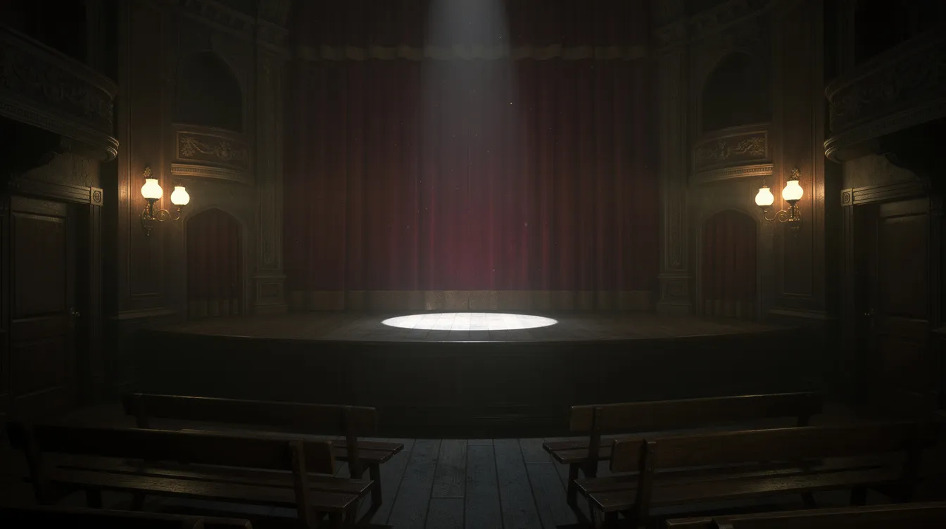 Das Bild zeigt ein dunkles viktorianisches Theater mit einem roten Samtvorhang und einem einzelnen Spotlight, das auf eine leere Bühne gerichtet ist. Gaslampen beleuchten die Wände und im Zuschauerraum sind Holzbänke zu sehen, die an die Atmosphäre von Meisterwerken wie "Prestige – Die Meister der Magie" erinnern.