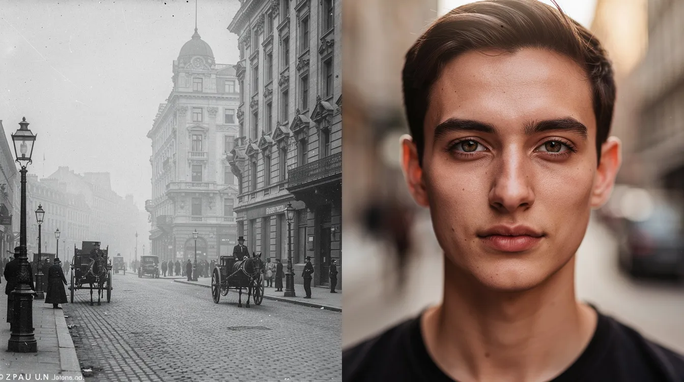 Das Bild zeigt eine historische Stadtansicht in Schwarzweiß aus dem 19. Jahrhundert, die die Architektur und Atmosphäre der damaligen Zeit einfängt. Daneben befindet sich ein modernes Farbporträt einer Person, das im natürlichen Licht aufgenommen wurde und einen starken Kontrast zur nostalgischen Fotografie bildet.