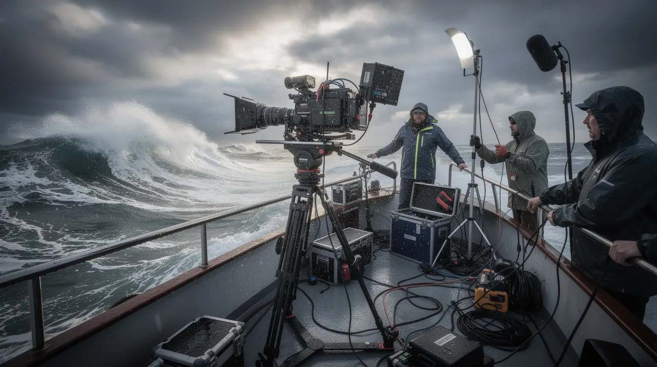 Die Filmkamera steht auf einem schwankenden Boot inmitten rauer See, umgeben von Filmequipment und Crew-Mitgliedern, während dramatische Wolken den Himmel bedecken und Gischt aufsteigt. Diese Szene erinnert an die spannungsgeladene Atmosphäre von "Der weiße Hai", wo das Meer und die Angst vor dem Killerhai im Mittelpunkt stehen.