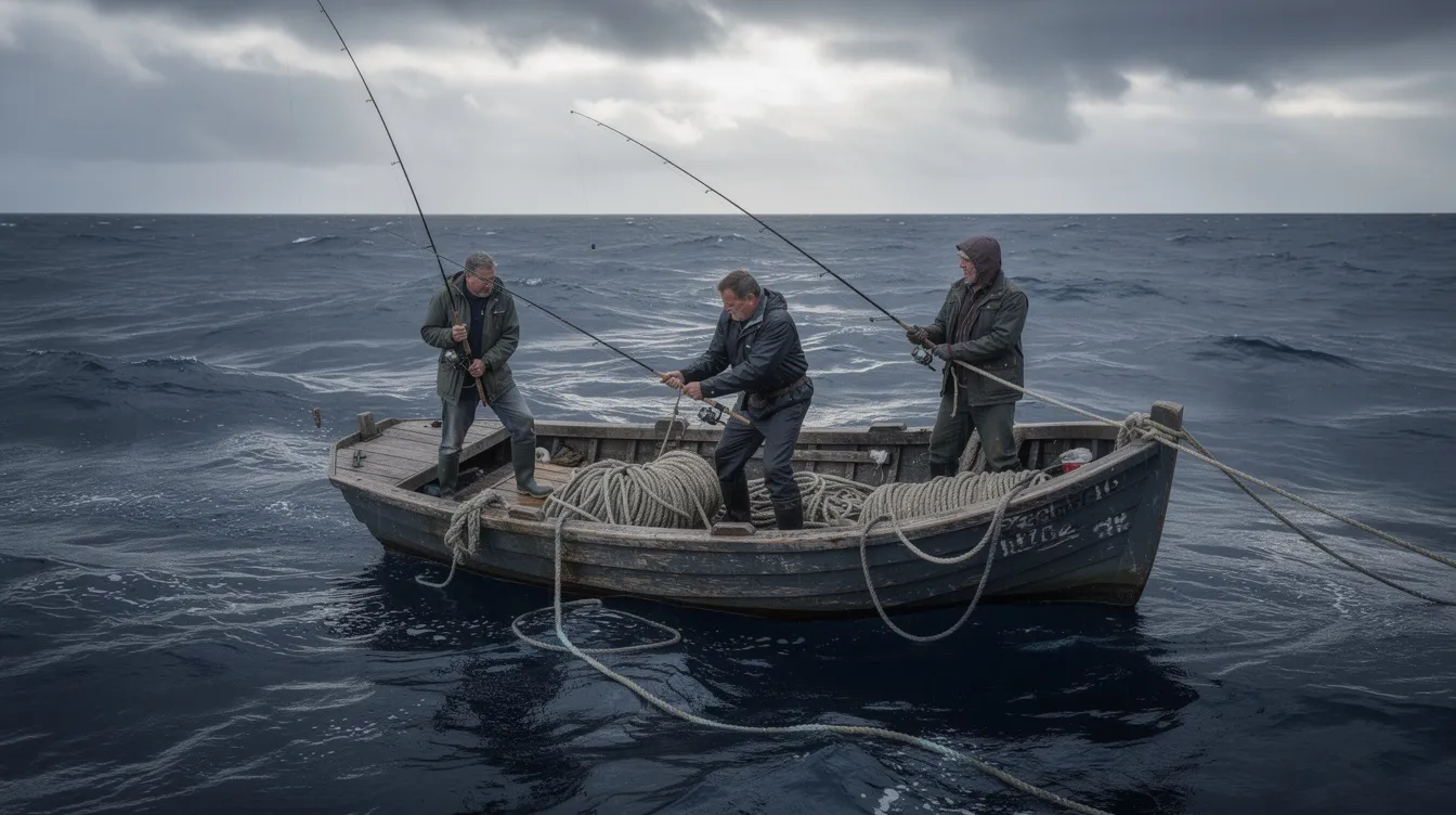 Drei Männer stehen auf einem kleinen Fischerboot inmitten des offenen Ozeans, umgeben von hohen Wellen und einem bewölkten Himmel. Sie halten Angelruten und Seile in den Händen, während die unruhige See an das Boot schlägt, was an die spannenden Szenen aus "Der weiße Hai" erinnert.