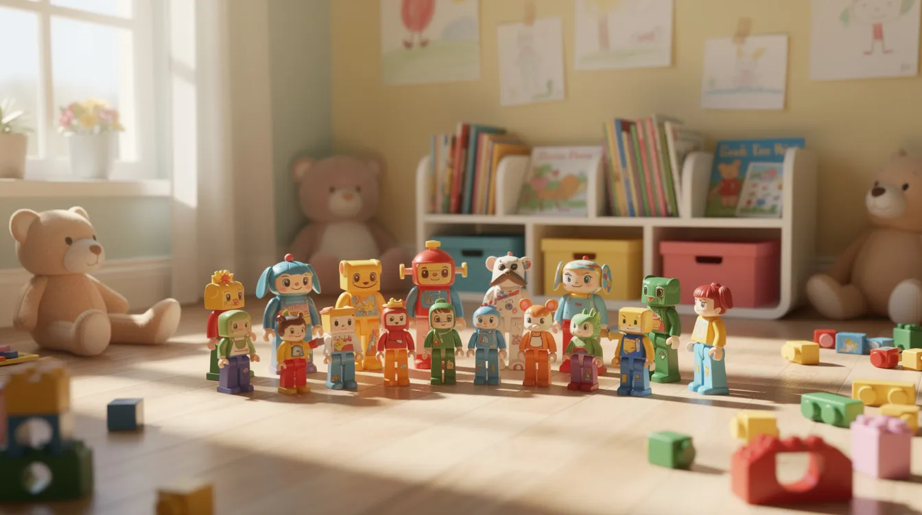 In einem hellen Kinderzimmer mit Holzboden und Sonnenlicht sind verschiedene bunte Spielzeugfiguren versammelt, darunter Cowboy Woody, Buzz Lightyear und Jessie aus "Toy Story". Die fröhliche Atmosphäre vermittelt den Charme und die Abenteuerlust der beliebten Pixar-Filmreihe.