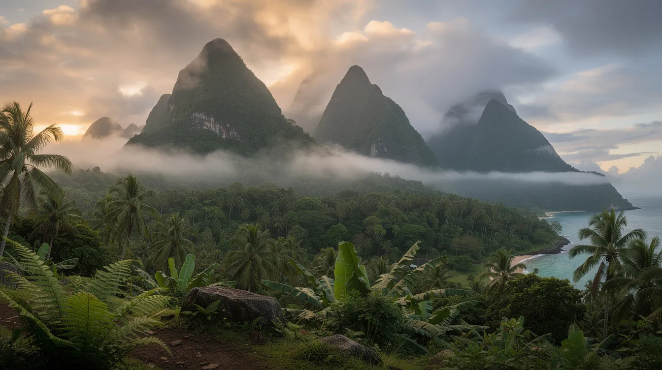 Die tropische Insellandschaft zeigt eine üppige Vegetation und steile Berge, während Nebelschwaden über einem dichten Dschungel schweben. Diese Szenerie erinnert an die faszinierenden Kulissen aus "Jurassic Park", in denen Dinosaurier und Abenteuer auf die Gäste warten.