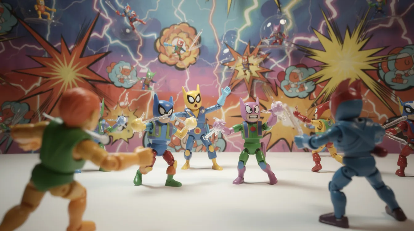 Das Bild zeigt bunte animierte Spielzeugfiguren, die in einer dynamischen Actionszene vor einem lebhaften Hintergrund mit Blitzen und Explosionen agieren. Diese Stop-Motion-Darstellung vermittelt den Eindruck einer aufregenden Episode aus einer Internet-Serie oder einem Video.