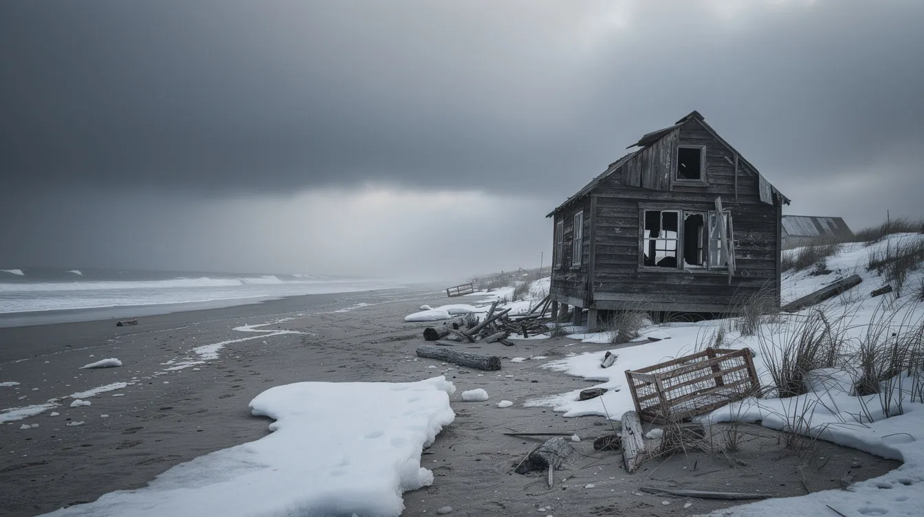 Eine dramatische Winterlandschaft zeigt ein einzelnes, halb verfallenes Holzhaus an einem verlassenen Strand, umgeben von Schneeresten am Ufer und einem grauen Himmel über dem Meer. Diese Szene könnte an die melancholischen Themen von „Eternal Sunshine of the Spotless Mind“ erinnern, wo Erinnerungen und Vergessen eine zentrale Rolle spielen.